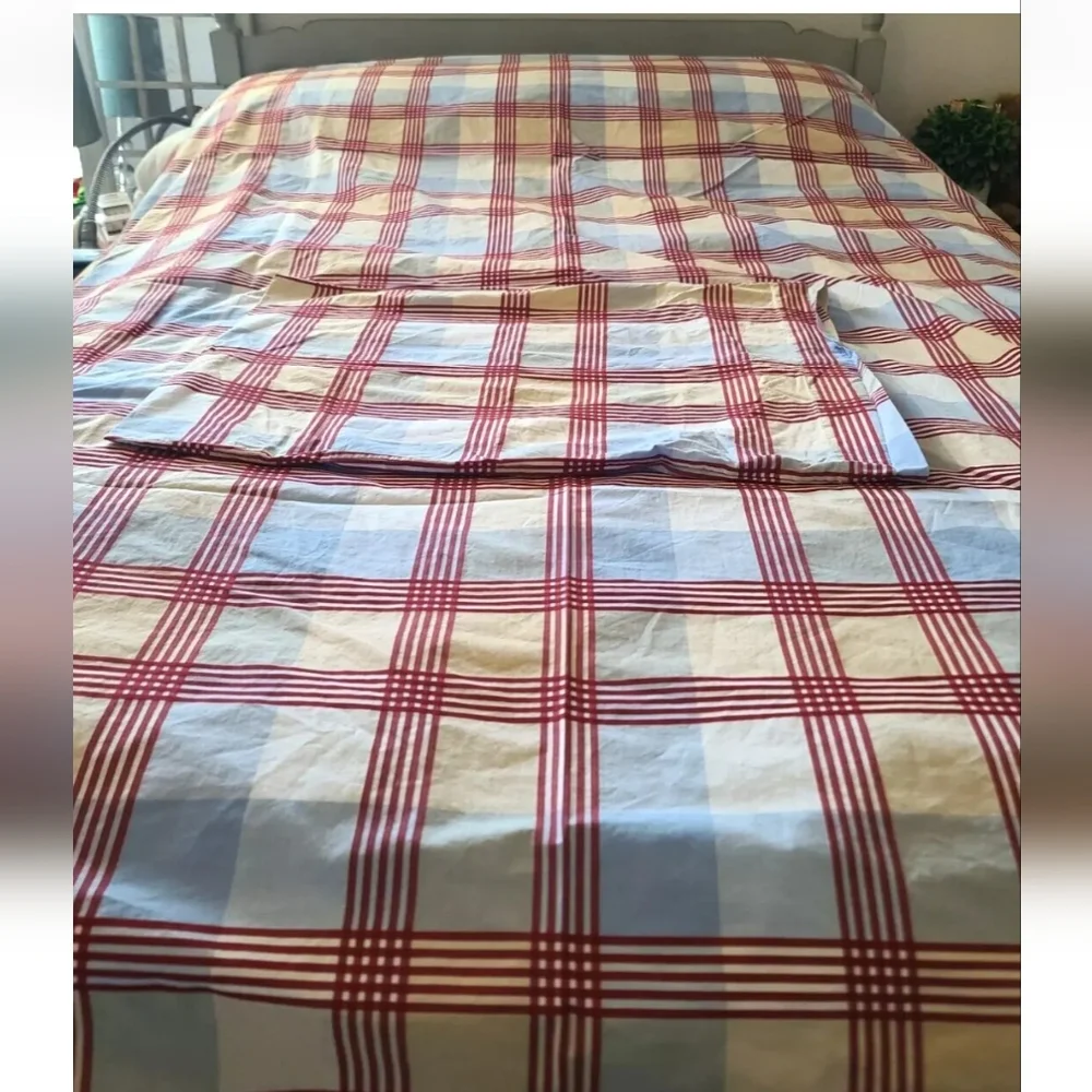 Pottery Barn Kids Blue Cream Red Plaid Twin Duvet Cover Standard Pillowcase - Picture 1 of 7